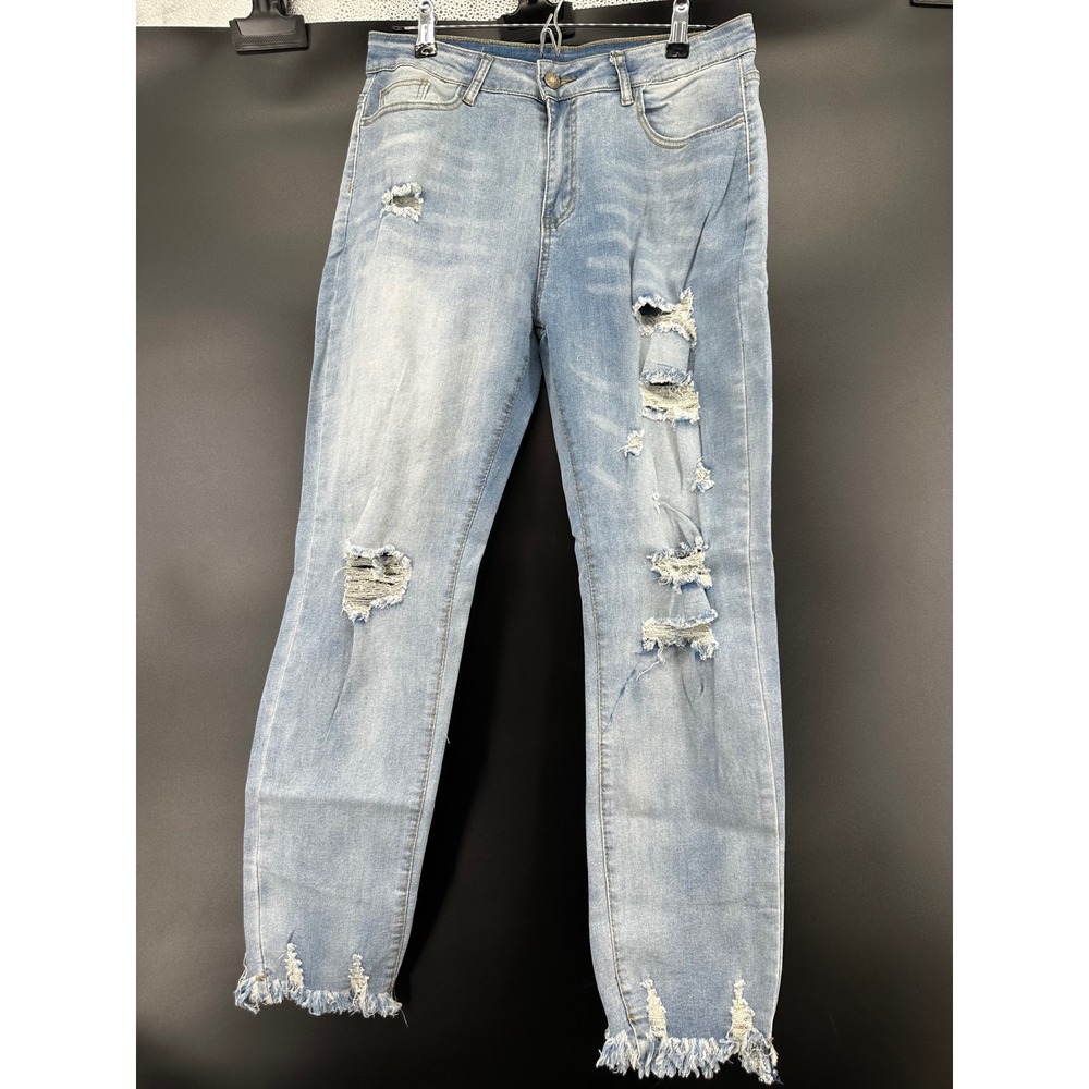 Kunmi Women Distressed Light Wash Straight Leg Frayed Hem Size XL
